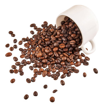 Coffee beans spilling out of a cup isolated on white background.
