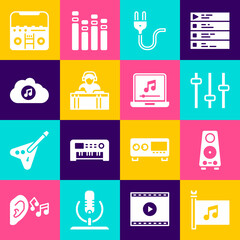 Set Music festival flag, Stereo speaker, equalizer, Electric plug, DJ playing music, streaming service, Home stereo with speakers and Laptop note icon. Vector