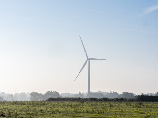 Éolienne au milieu des champs avec de la brume matinale