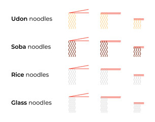 Chopsticks holding noodles icons set. Udon, soba, rice, glass different noodle types illustrations collection for restaurant menu or delivery website. Thin line style vector symbols isolated