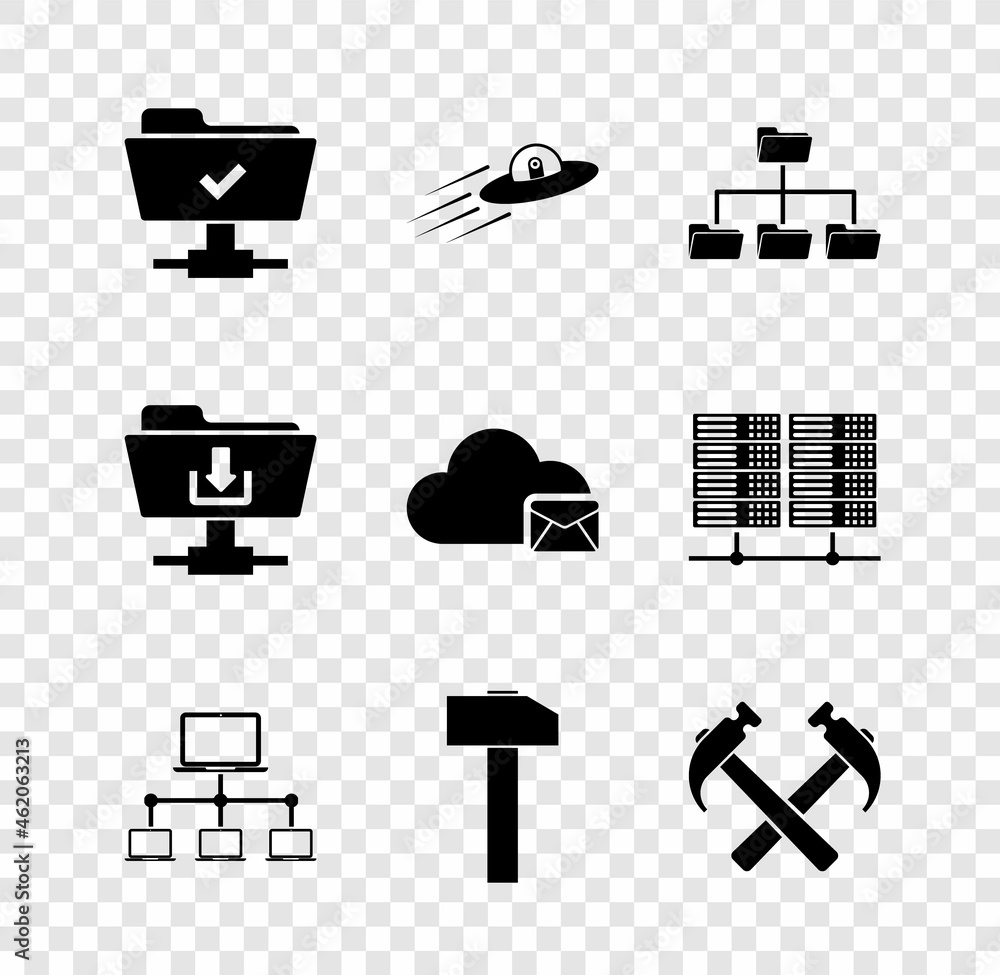 Poster set ftp operation successful, ufo flying spaceship and alien, folder tree, computer network, hammer 