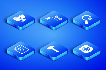 Set Police badge, FTP cancel operation, Hammer, Unknown document, Folder tree and search icon. Vector