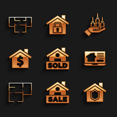 Set Hanging sign with text Sold, Sale, House shield, Online real estate house, plan, dollar symbol, Skyscraper and icon. Vector