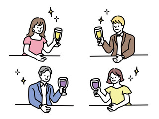 お酒を飲むイラスト(パーティー、乾杯、お祝い、合コン、お見合い、ディナー、カップル、夫婦、ワイン、記念日、オシャレ) Drinking illustration.Party, toast, celebration, gokon, matchmaking, dinner, couple, wine, anniversary, stylish.