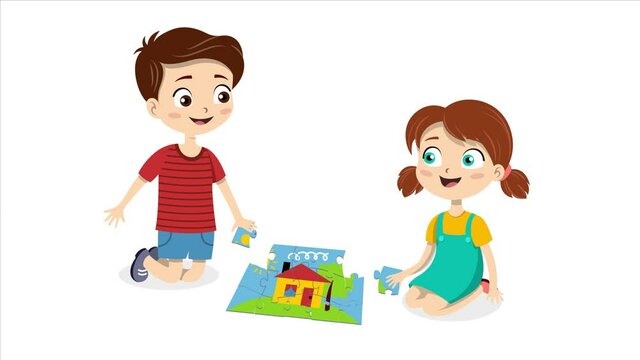 Kids are collecting puzzle together. Concept of spending spare time with friends. Flat cartoon. Simple style 2d animation with alpha channel isolated on white background.