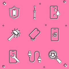 Set Mobile with shield, Screwdriver, Waterproof phone, Hammer, Shockproof, smart home, service and USB cable cord icon. Vector