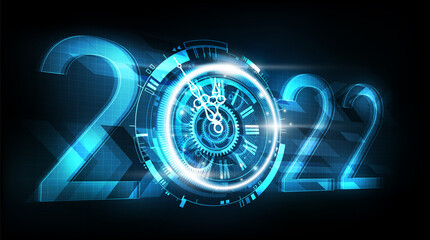 Happy New Year 2022 celebration with abstract digital clock perspective view on futuristic technology background, countdown concept, vector illustration