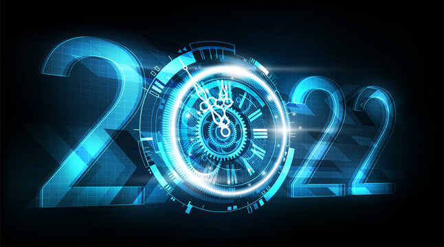 Happy New Year 2022 celebration with abstract digital clock perspective view on futuristic technology background, countdown concept, vector illustration
