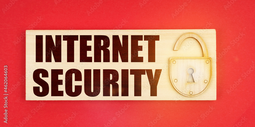 Poster On a red background there is a small plaque on it with a lock and an inscription - Internet security
