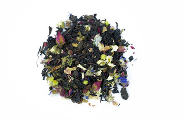 Large-leaf black tea with rose, cornflower, chamomile, mulberry and strawberry flowers. Black tea with berries and flowers on a white background top view.