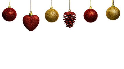 red and gold Christmas tree decorations hanging in a row with copy space at the bottom