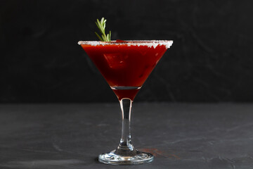 cocktail on black.Bloody Mary cocktail. Alcoholic drink with vodka and tomato juice in a glass isolated on a black background with copy space.
