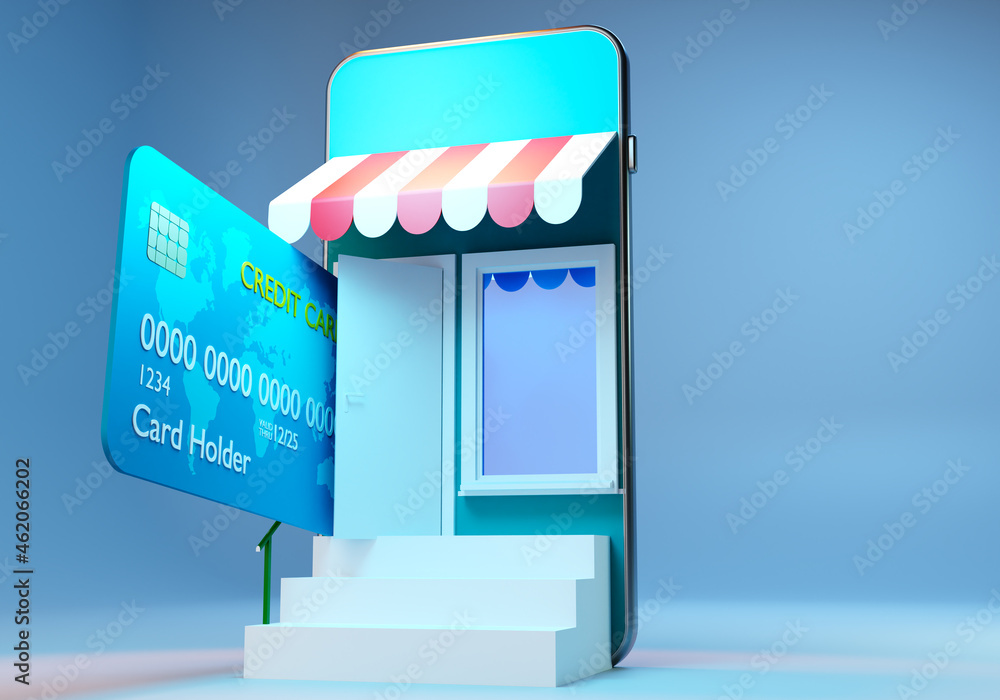 Aufkleber internet shop with online payment. smartphone and storefront and credit card. concept of payment acc