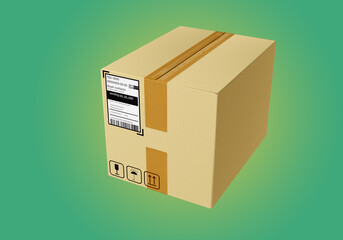 Cardboard box with package. Courier delivery box. Barcode sticker symbolizes delivery service....