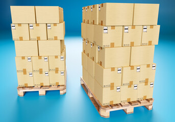 Warehouse Logistics. Palletized boxes symbolize business logistics. Transportation of parcels. Fulfilment concept for online store. Cardboard boxes on turquoise background. 3d rendering.