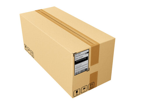 A package with fragile goods. Cardboard box on white background. Buyer's delivery box. Package with buyer data sticker. Isolated box top view. FBS package from online store. 3d image.