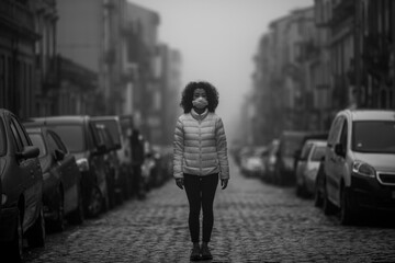 An asian woman in the antiviral mask stands in the street in cloudy weather. Black and white photo.