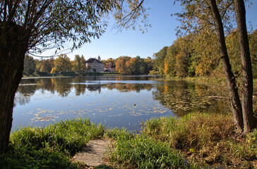 Palace and lake in Otwock Wielki, southeast of Warsaw, Mazovia, Poland
