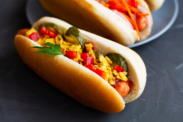 close-up tasty homemade Hot dogs with different toppings: pickles, fried onion, tomatoes and...