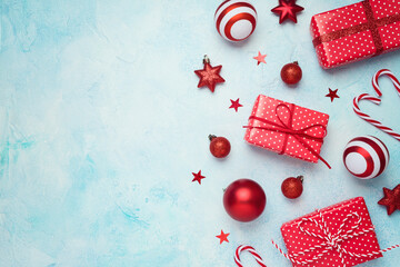 Christmas holiday background  with gift boxes and decorations. New Year greeting card  mock up. Top view with copy space