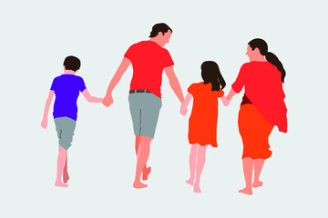Obraz premium Family is walking. People are spending time together on sandy beach. Parents and children walking. vector image