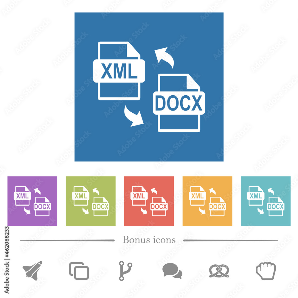 Poster xml docx file conversion flat white icons in square backgrounds