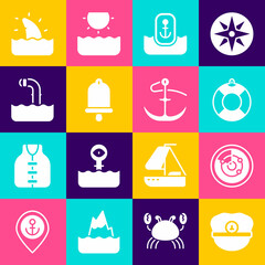 Set Captain hat, Radar with targets, Lifebuoy, Location anchor, Ship bell, Periscope, Shark fin ocean wave and Anchor icon. Vector