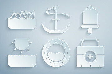 Set Ship porthole, bell, Sun, First aid kit, Anchor and Sharp stone reefs icon. Vector