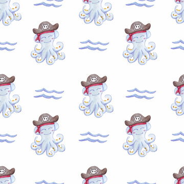Seamless pattern with octopus. Watercolor octopus pirate vector pattern.