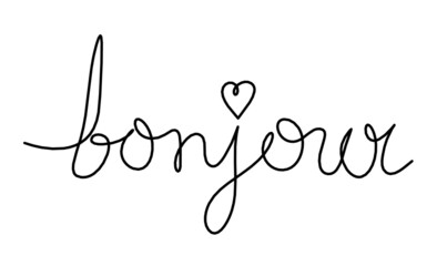 Calligraphic inscription of word "bonjour" as continuous line drawing on white  background © suns07butterfly