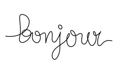 Calligraphic inscription of word "bonjour" as continuous line drawing on white  background © suns07butterfly