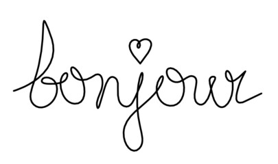 Calligraphic inscription of word "bonjour" as continuous line drawing on white  background