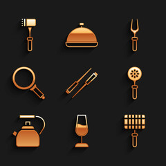 Set Food chopsticks, Wine glass, Barbecue steel grid, Spatula, Kettle with handle, Frying pan, fork and Kitchen hammer icon. Vector