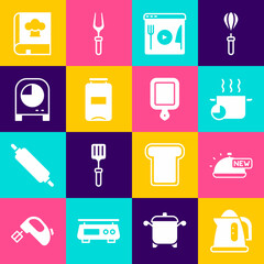 Set Electric kettle, Covered with tray of food, Cooking pot, live streaming, Jam jar, Kitchen timer, Cookbook and Cutting board icon. Vector