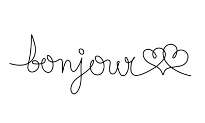 Calligraphic inscription of word "bonjour" as continuous line drawing on white  background © suns07butterfly