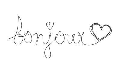 Calligraphic inscription of word "bonjour" as continuous line drawing on white  background © suns07butterfly