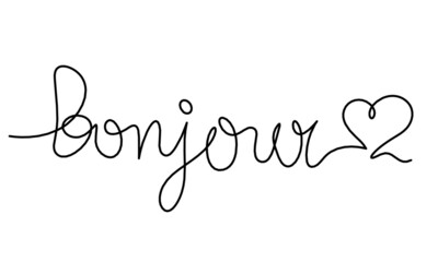 Calligraphic inscription of word "bonjour" as continuous line drawing on white  background © suns07butterfly