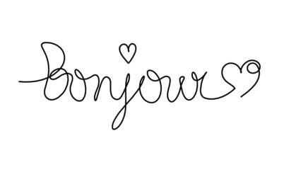Calligraphic inscription of word "bonjour" as continuous line drawing on white  background © suns07butterfly
