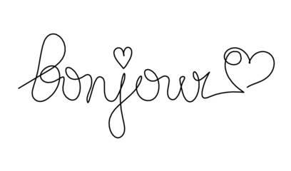 Calligraphic inscription of word "bonjour" as continuous line drawing on white  background © suns07butterfly