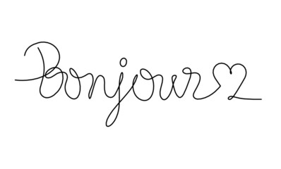 Calligraphic inscription of word "bonjour" as continuous line drawing on white  background © suns07butterfly