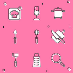 Set Chef hat, Wine glass, Cooking pot, Teaspoon, Kitchen whisk, Cutting board and knife, hammer and Grater icon. Vector