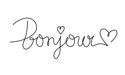 Calligraphic inscription of word "bonjour" as continuous line drawing on white  background