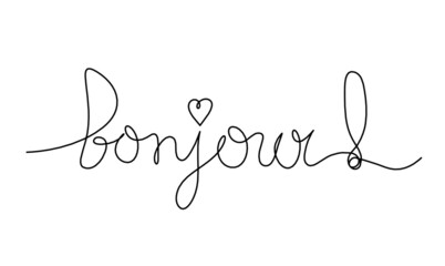 Calligraphic inscription of word "bonjour" as continuous line drawing on white  background © suns07butterfly