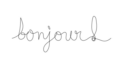 Calligraphic inscription of word "bonjour" as continuous line drawing on white  background