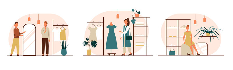 People shopping flat vector illustrations set. Shoppers choose their clothes, try on shoes in a clothing store.