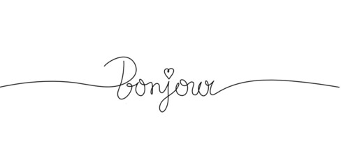 Calligraphic inscription of word "bonjour" as continuous line drawing on white  background © suns07butterfly