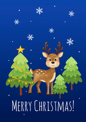 Merry christmas and happy new year greeting card. Cute deer, trees, stars, snow. Cute merry christmas card for family. A5 format