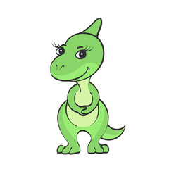 Little green dinosaur girl. Sweet smile on my face. Children toy, cute character. Vector cartoon isolated illustration