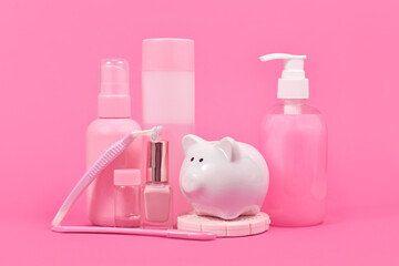 Pink tax concept with piggy bank and various stereotype pink colored hygiene product  marketed to...