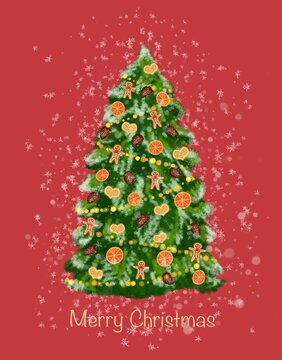 Christmas tree with natural toys made of gingerbread man, gingerbread, dry orange, garland. Illustration for Christmas card, banner.